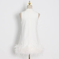 DR043 Ostrich Feather Turtleneck Sleeveless Shift Dress: White / English / M Productseeker