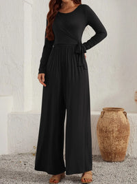 Tied Round Neck Long Sleeve Jumpsuit Trendsi