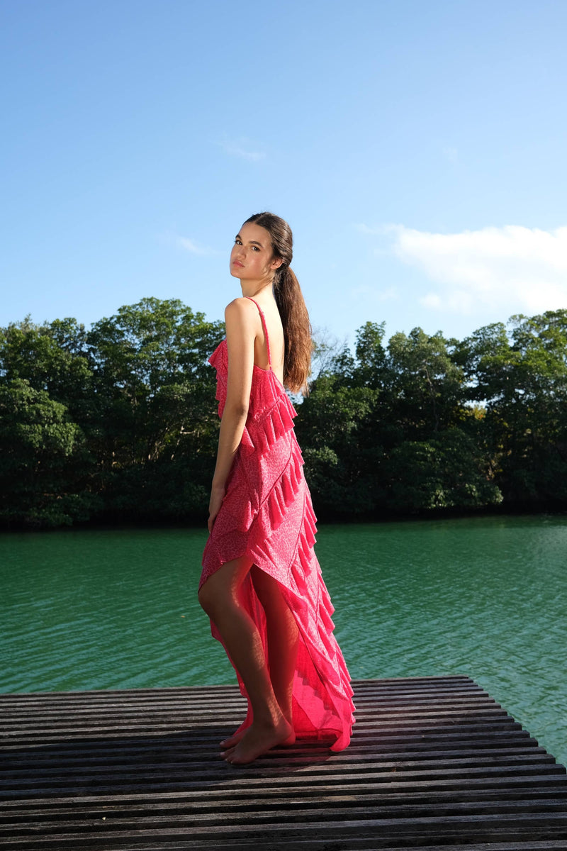 Mermaid Asymmetric Ruffle Dress: Watermelon / Standard pītusa