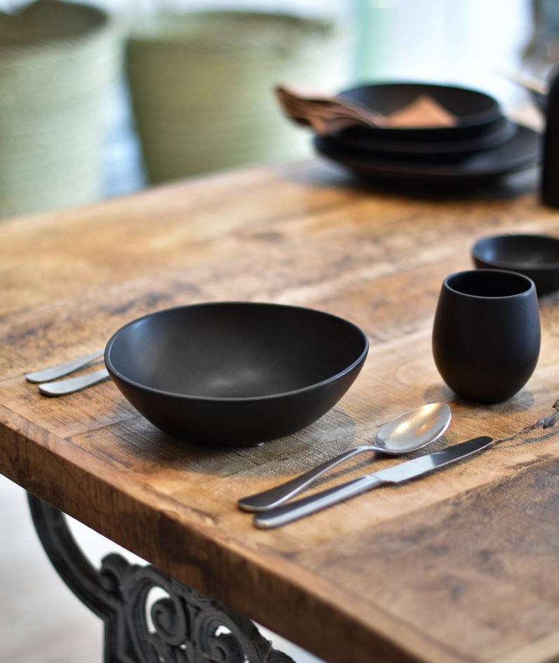 Handmade Stoneware Soup Plate | Dadasi 7.9": Matte Black GHARYAN Stoneware & Olive Wood Tableware