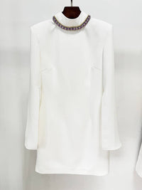 DR0104 Chic Beaded Sleeve Dress: Elegance Defined: White / English / M Productseeker