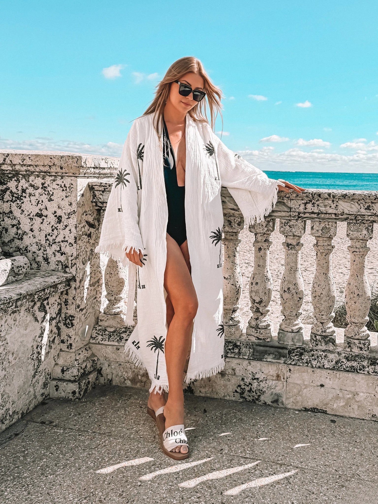 White Woman’s Organic Cotton Kimono Robe Palm KH Beach Beachwear