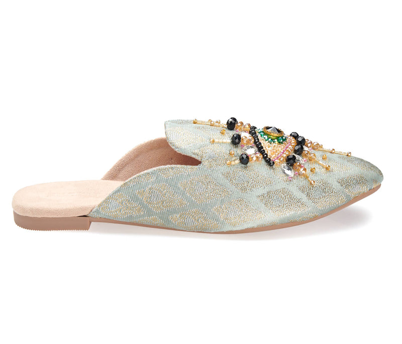 Pointed Toe Artisanal Good Eye Mint Women's Mule Slipper Shoes with Embroidery - Million Dollar Style