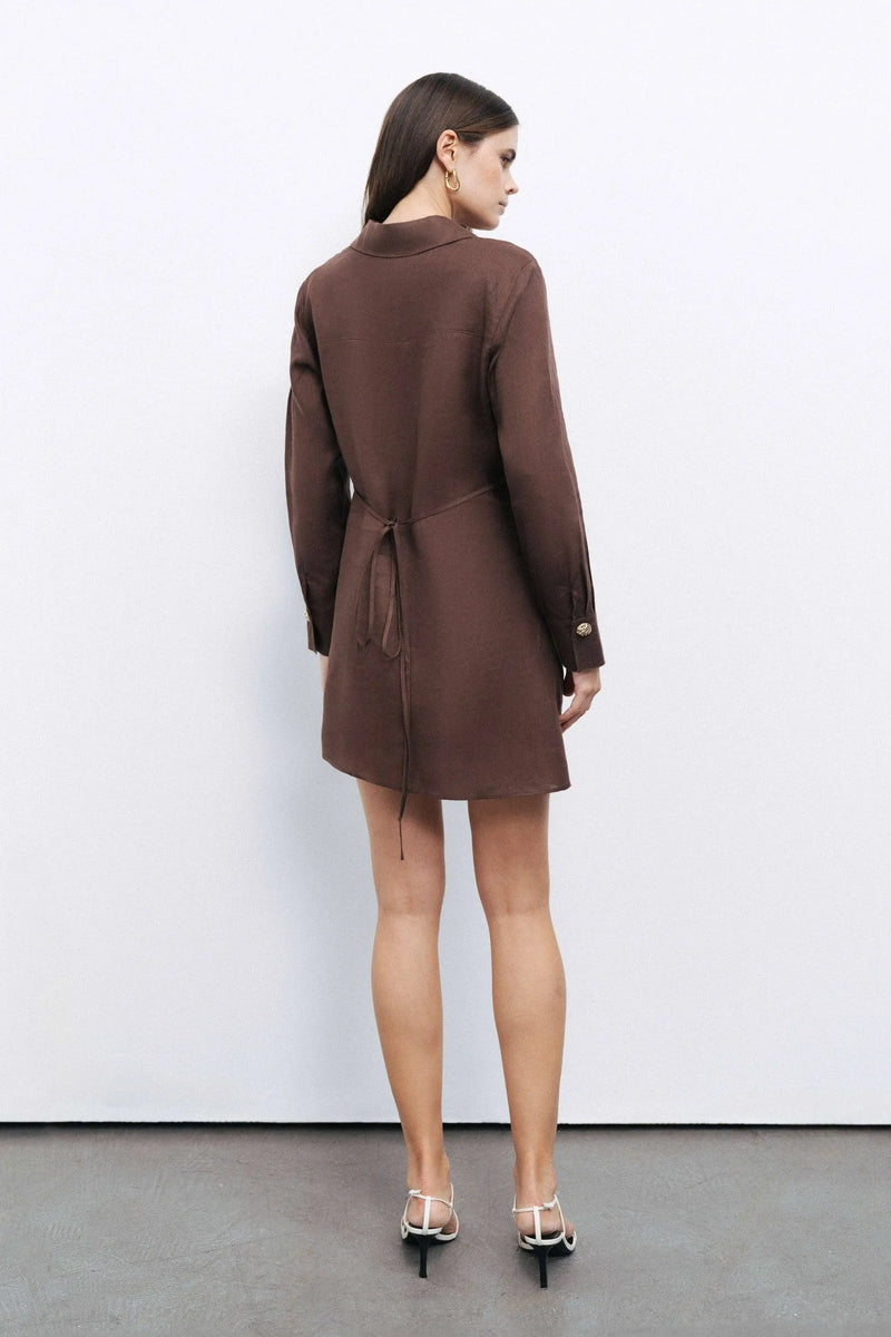 Nocturne Mini Dress with Gold Accessory Detail in Coffee NOCTURNE