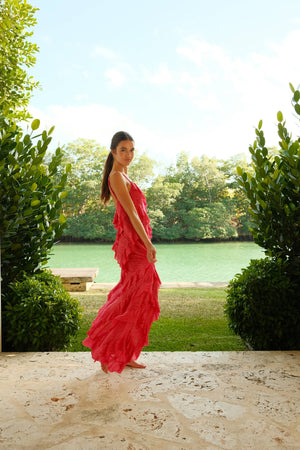 Mermaid Asymmetric Ruffle Dress: Watermelon / Standard pītusa