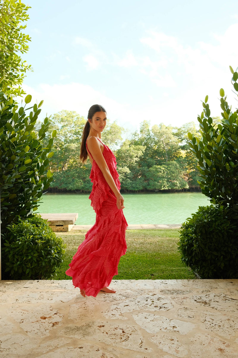 Mermaid Asymmetric Ruffle Dress: Watermelon / Standard pītusa