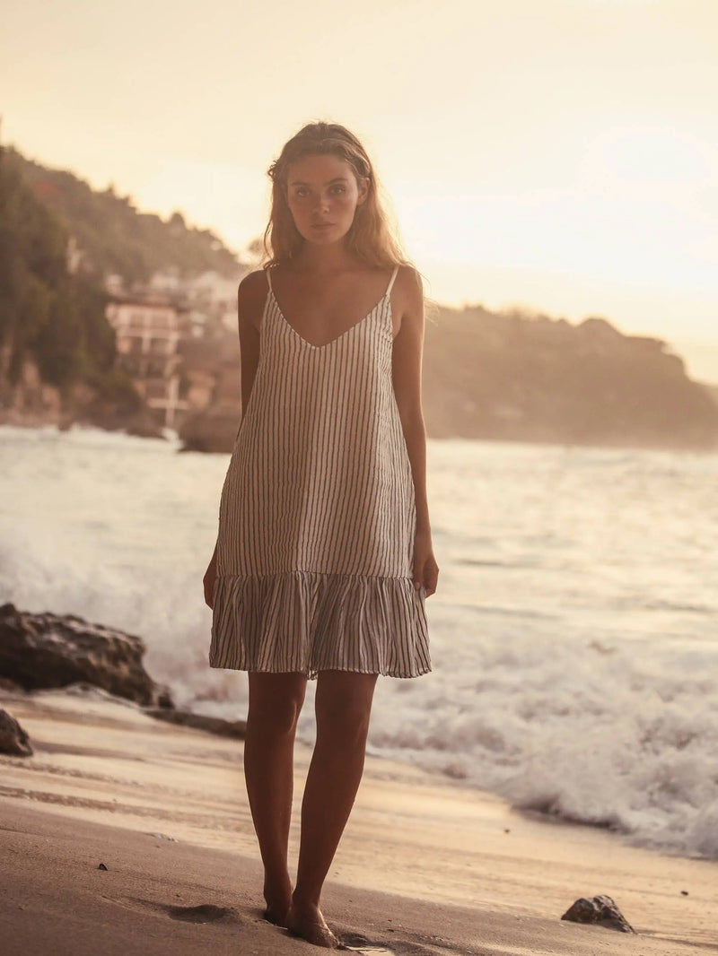 Liv Mini Ruffle Dress - Black Stripes: Black Stripes / One Size The Handloom