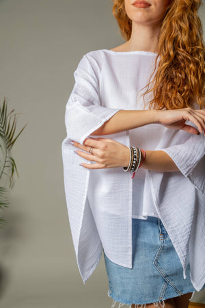 White Off Shoulder Crinkle Cotton Blouse Top Moa