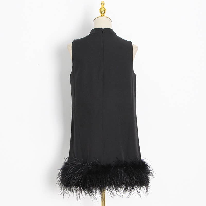 DR043 Ostrich Feather Turtleneck Sleeveless Shift Dress: Black / English / M Productseeker