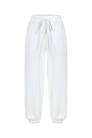 Mia Pants - White | 100% Turkish Cotton Jogger Style with Pockets Muslin Gauze Summer Boho with Tie Details Elesticated Waist and Ankles Women's Clothing: Small/Medium The Handloom