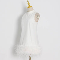 DR043 Ostrich Feather Turtleneck Sleeveless Shift Dress: White / English / M Productseeker