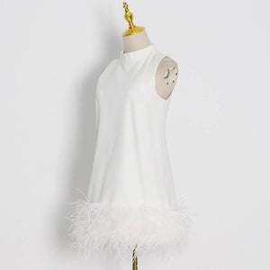 DR043 Ostrich Feather Turtleneck Sleeveless Shift Dress: White / English / L Productseeker