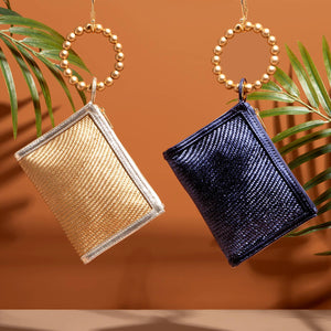 Navy Blue Woven Gold Bead Handle Wristlet Pouch  | Resort Soli & Sun