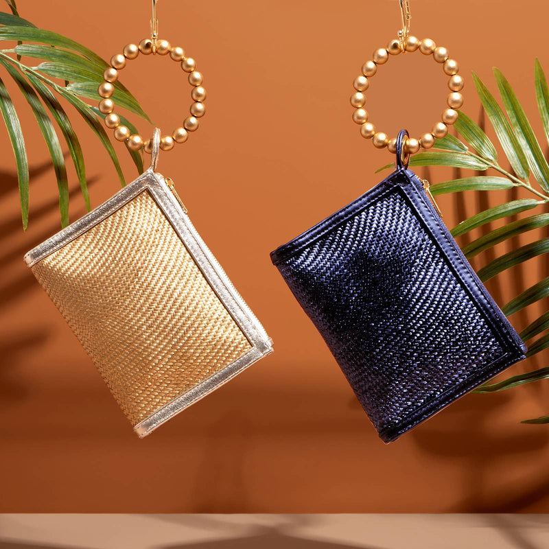 Navy Blue Woven Gold Bead Handle Wristlet Pouch  | Resort Soli & Sun