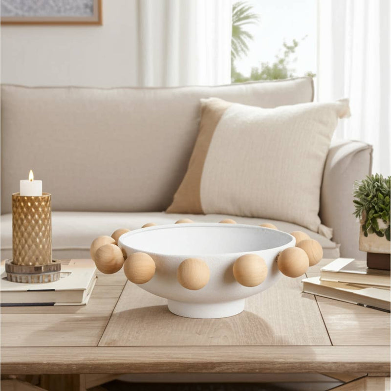 Fir Wood Metal Casual Novelty Sphere Bowl - White, 13 in. Sagebrook Home