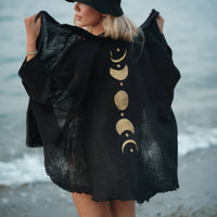 Black &Gold Moon Phases Muslin Kimono Robe / Poncho: Black Moa