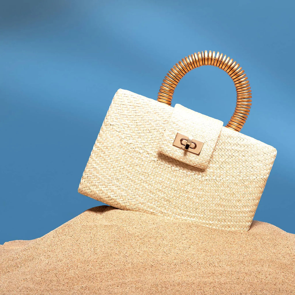 Cream Straw Clutch | Gold Bead Handle | Summer Resort 2025 Soli & Sun
