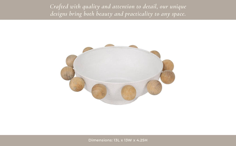 Fir Wood Metal Casual Novelty Sphere Bowl - White, 13 in. Sagebrook Home
