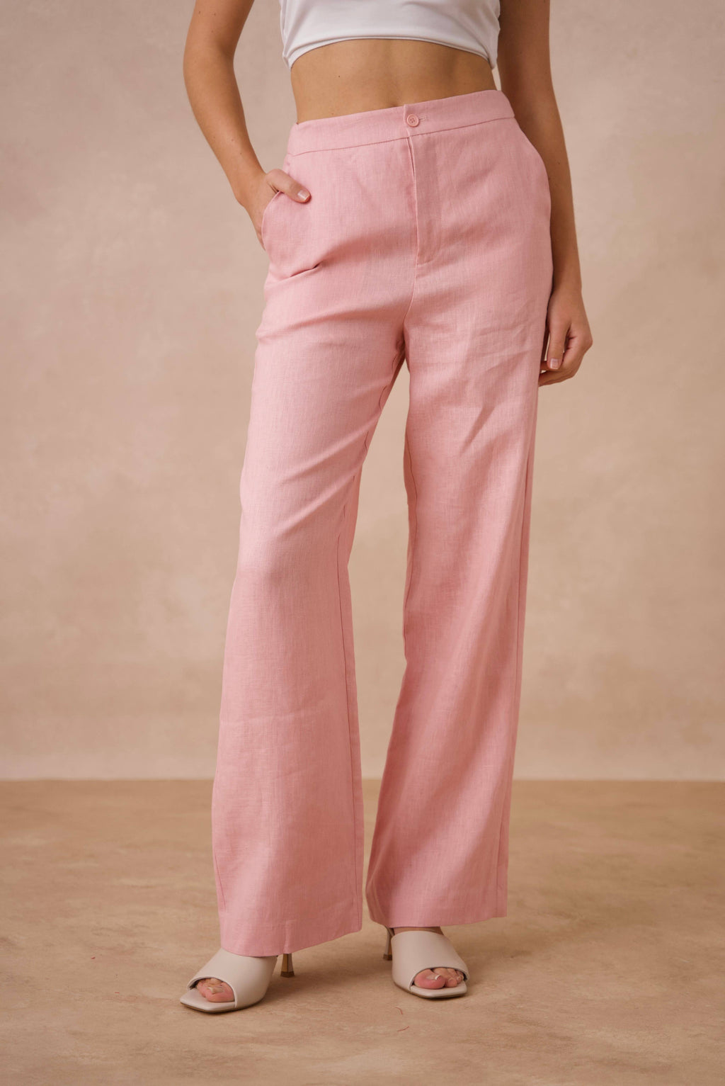 High quality plain straight linen pants: Sx1 Mx1 Lx1 XLx1 / Pink Attentif Paris