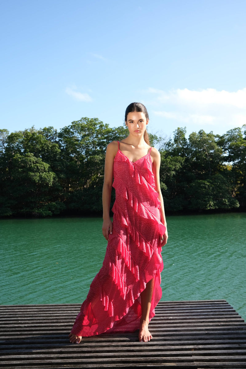 Mermaid Asymmetric Ruffle Dress: Watermelon / Standard pītusa