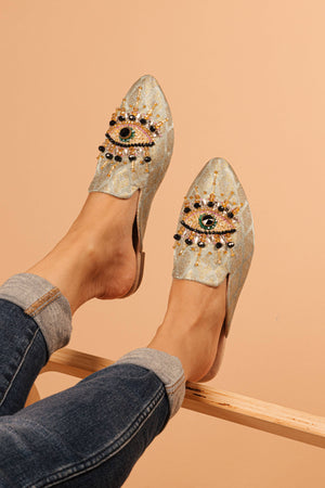 Pointed Toe Artisanal Good Eye Mint Women's Mule Slipper Shoes with Embroidery - Million Dollar Style