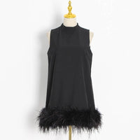 DR043 Ostrich Feather Turtleneck Sleeveless Shift Dress: White / English / M Productseeker