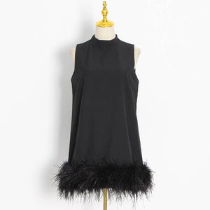 DR043 Ostrich Feather Turtleneck Sleeveless Shift Dress: White / English / M Productseeker