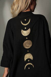 Black &Gold Moon Phases Muslin Kimono Robe / Poncho: Black Moa