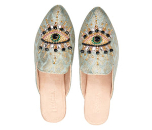 Pointed Toe Artisanal Good Eye Mint Women's Mule Slipper Shoes with Embroidery - Million Dollar Style