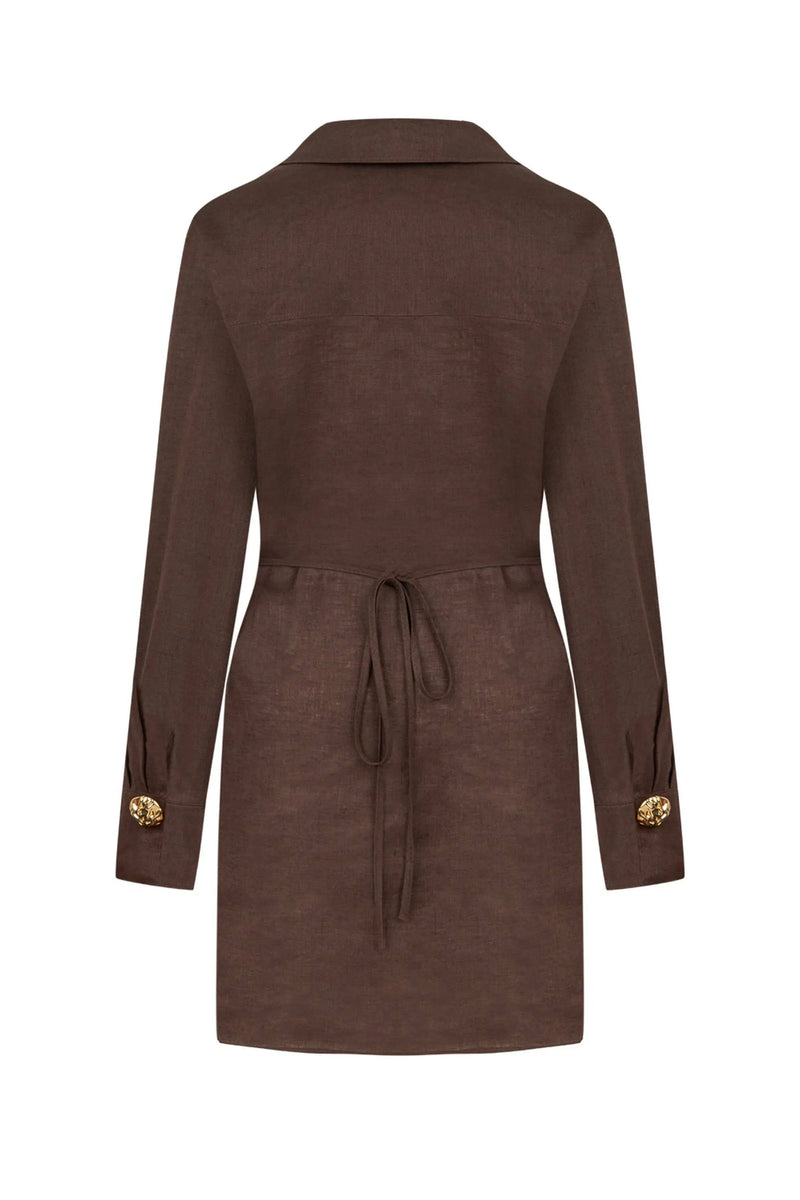 Nocturne Mini Dress with Gold Accessory Detail in Coffee NOCTURNE