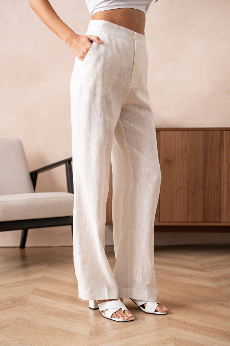 High quality plain straight linen pants: Sx1 Mx1 Lx1 XLx1 / Pink Attentif Paris