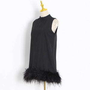 DR043 Ostrich Feather Turtleneck Sleeveless Shift Dress: White / English / M Productseeker