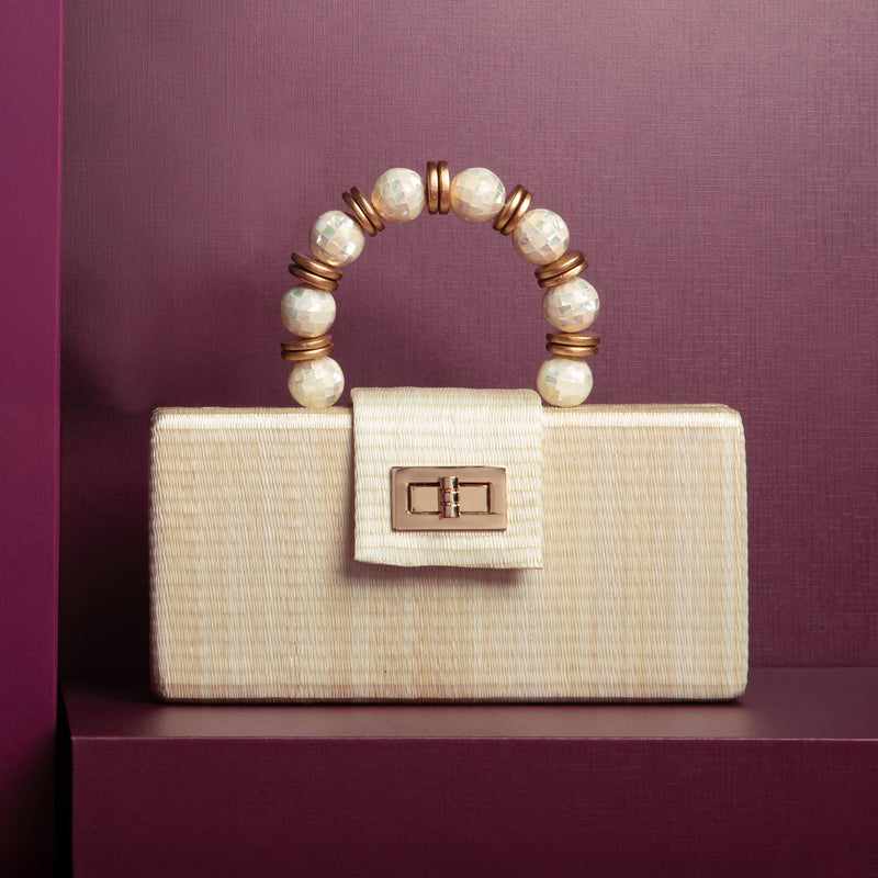 Christmas Party Clutch - Cream with Shell Inlay Bead Handle Soli & Sun