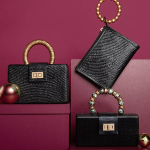 Christmas Evening  Bag - Black with Shell Inlay Bead Handle Soli & Sun