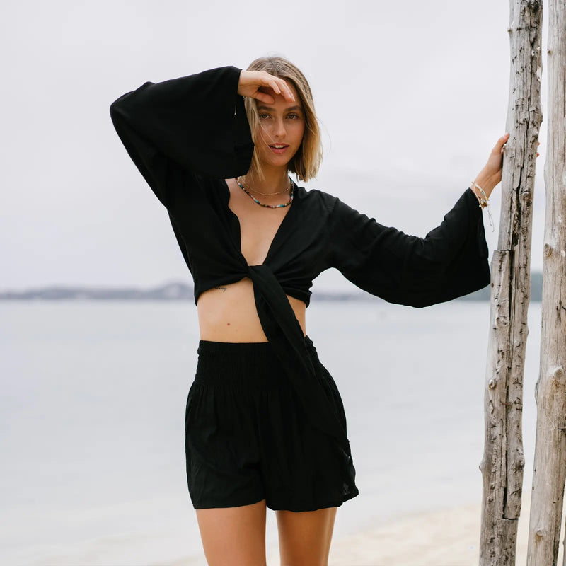Black Bell Sleeve Top Lotus and Luna
