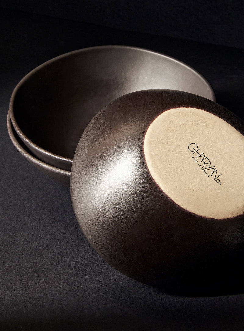 Handmade Stoneware Soup Plate | Dadasi 7.9": Matte Black GHARYAN Stoneware & Olive Wood Tableware