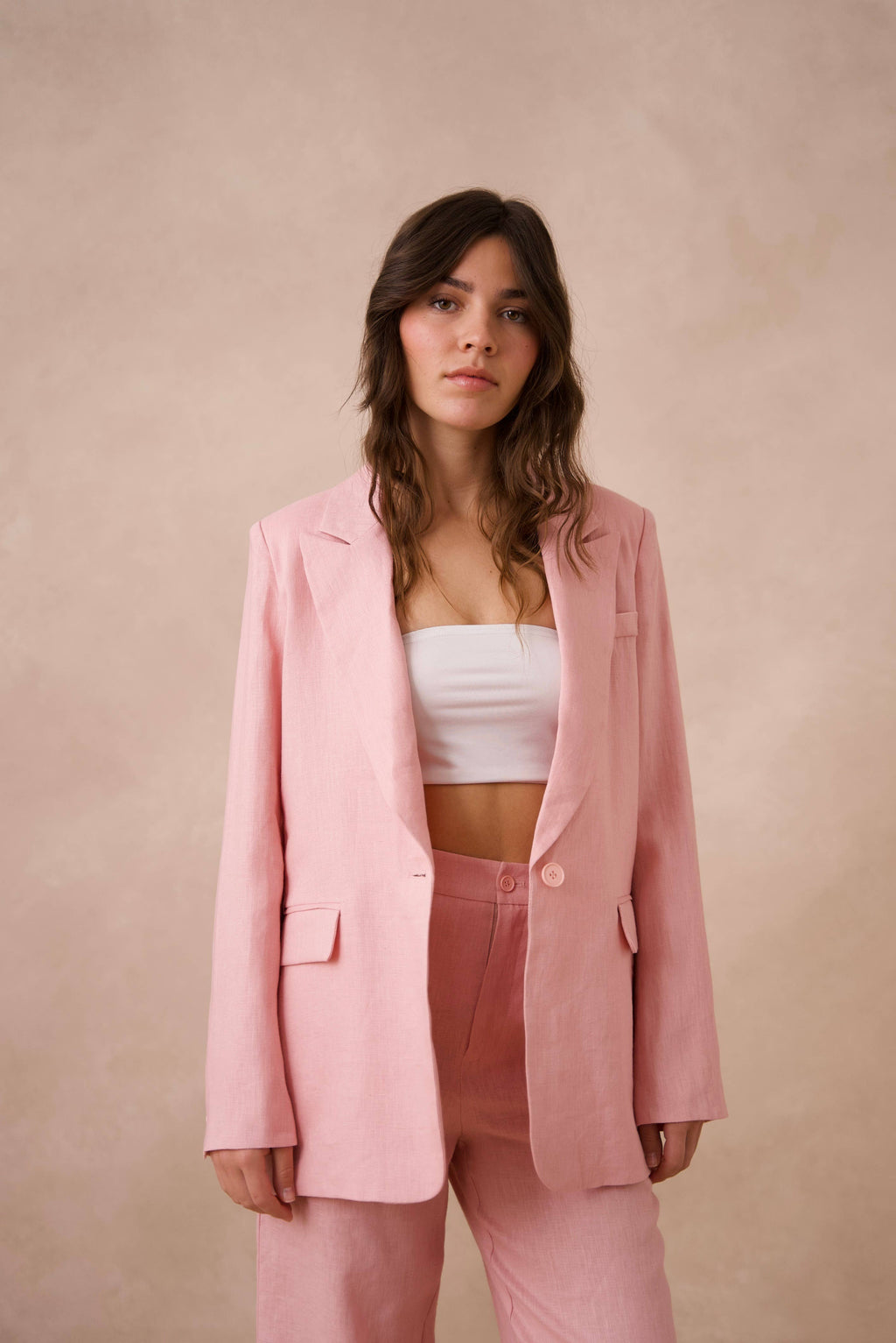 High quality linen straight cut plain blazer jacket: Sx1 Mx1 Lx1 XLx1 / Pink Attentif Paris