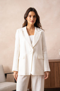 High quality linen straight cut plain blazer jacket: Sx1 Mx1 Lx1 XLx1 / White Attentif Paris