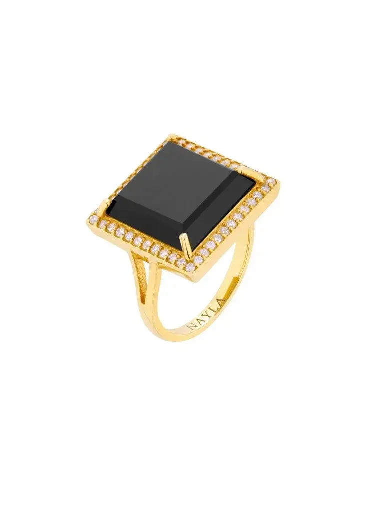 Black Onyx CZ Diamonds Square Ring Nayla Jewelry