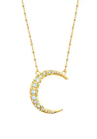 Crescent Moon Rainbow Moonstone CZ Diamonds Necklace Nayla Jewelry