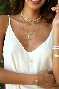 Crescent Moon Rainbow Moonstone CZ Diamonds Necklace Nayla Jewelry