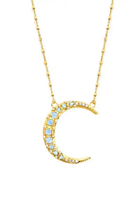 Crescent Moon Rainbow Moonstone CZ Diamonds Necklace Nayla Jewelry