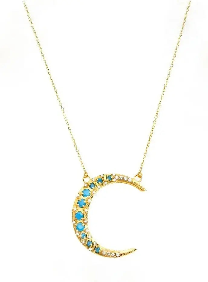 Crescent Moon Turquoise CZ Diamonds Necklace Nayla Jewelry