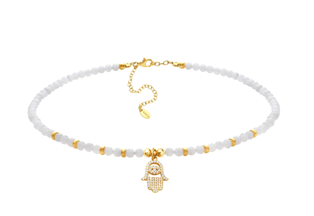 Diamond Cz Hamsa Moonstone Beads Choker Necklace Nayla Jewelry