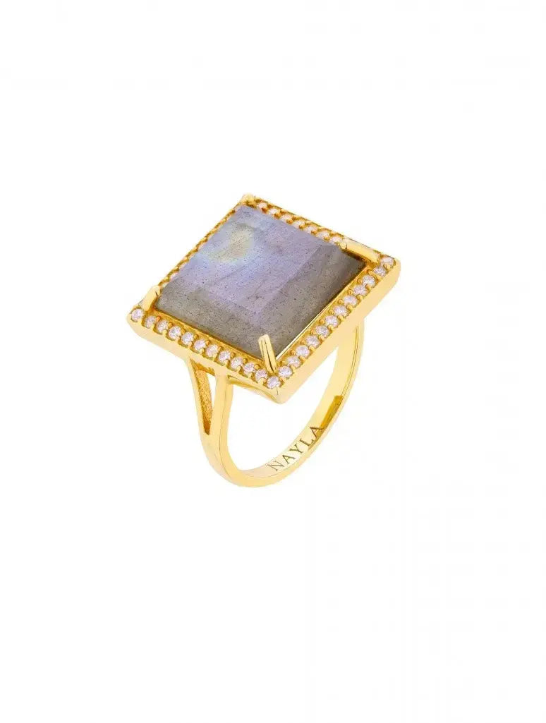 Labradorite CZ Diamonds Square Ring Nayla Jewelry