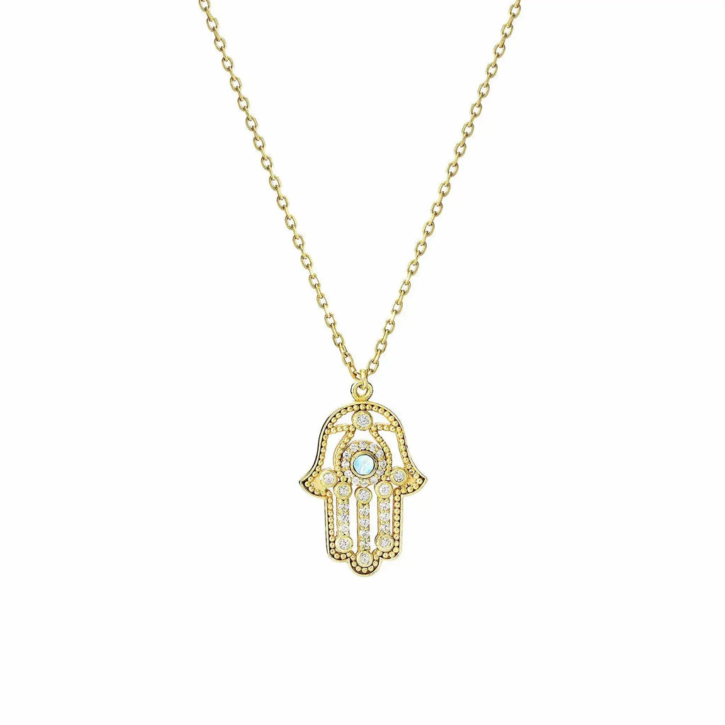 Moonstone CZ Diamonds Hamsa  Pendant Necklace Nayla Jewelry