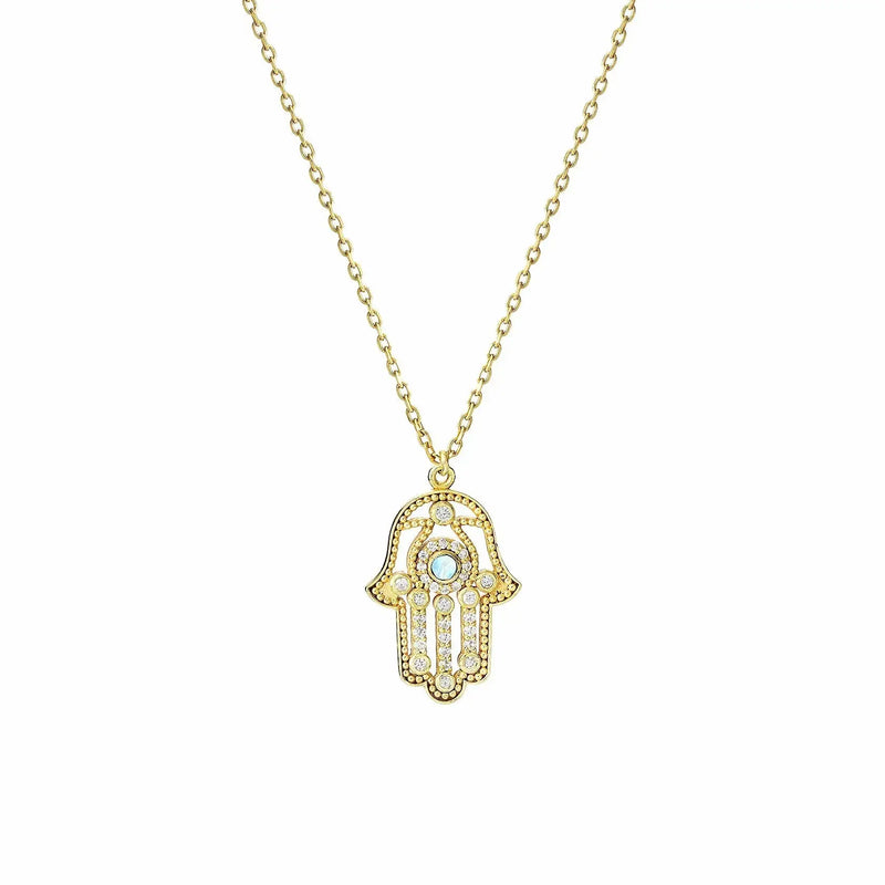 Moonstone CZ Diamonds Hamsa  Pendant Necklace Nayla Jewelry