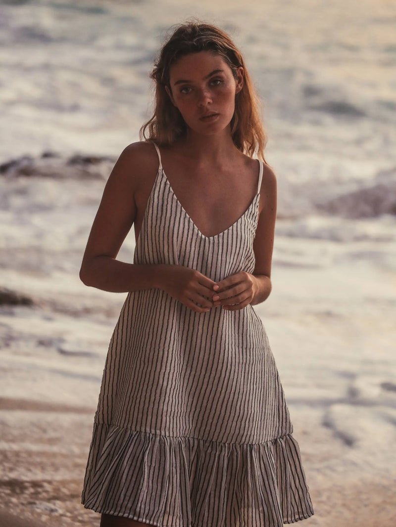 Liv Mini Ruffle Dress - Black Stripes: Black Stripes / One Size The Handloom