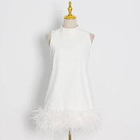 DR043 Ostrich Feather Turtleneck Sleeveless Shift Dress: White / English / M Productseeker