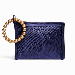 Navy Blue Woven Gold Bead Handle Wristlet Pouch  | Resort Soli & Sun